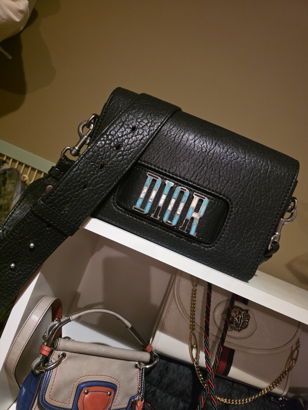 Rare Christian Dior D-Fence Black Leather Shoulder Bag with Turquoise DIOR Logo